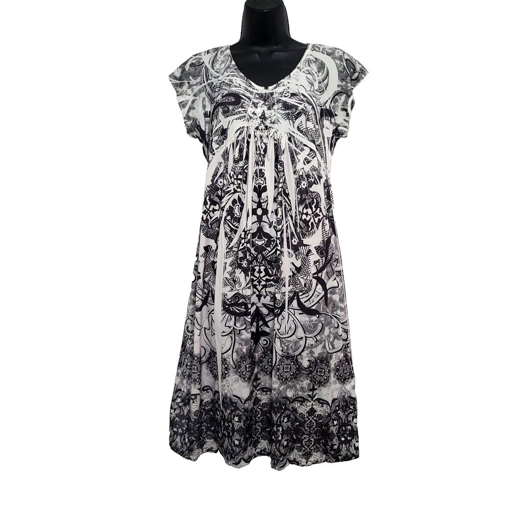 Y2K Babydoll Whimsigoth Tattoo Print Dress M Black White stretch sublimation